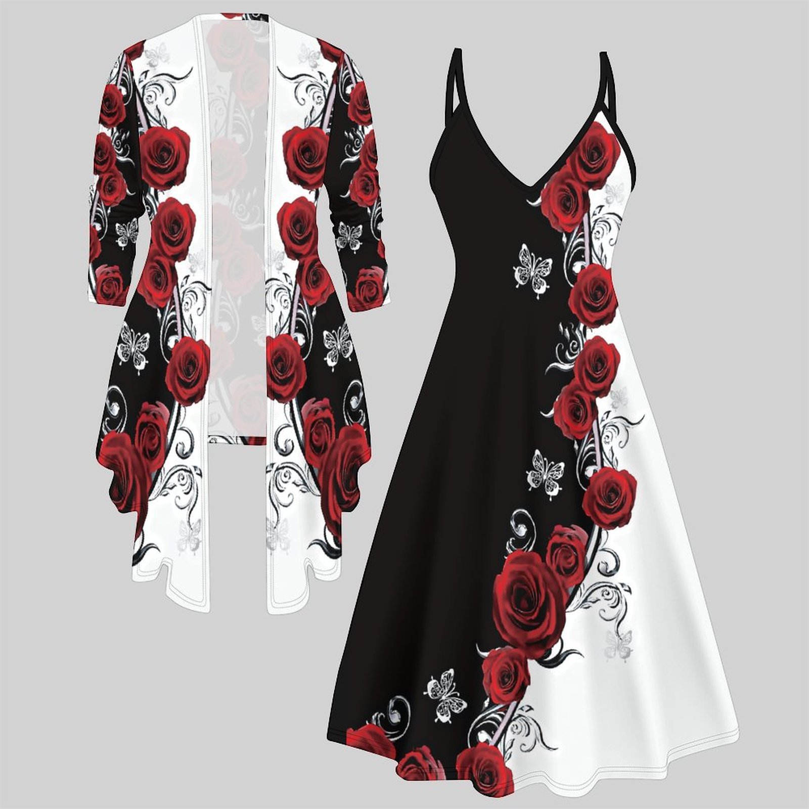 Winter Clothing Ladies - Damski dwuczęściowy zestaw: sukienka midi, kardigan